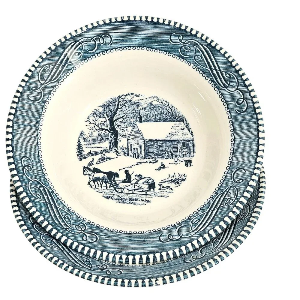 2 Currier Ives Blue Schoolhouse Bowl 6.5" Royal USA pottery country colonial - Picture 1 of 5
